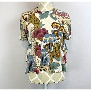 ZARA Floral Babydoll Top Open Tie Back Short Sleeve High Neck Cotton Gauze Sz S